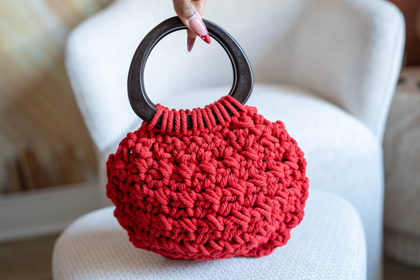 Mini Crochet Ring Handle Bag — Cherry Red